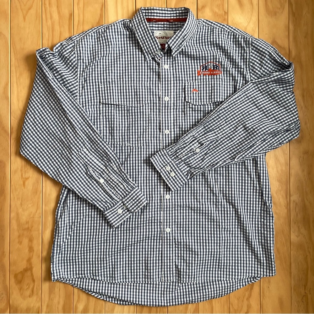 Simms Shirt Mens XL Fishing Outdoors 100% Cotton Plaid Gingham Risers 4 Rhett Co